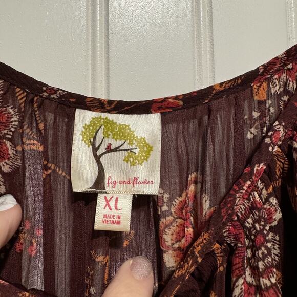 Fig Flower Maroon Floral Tiered Peasant Dress Midi Length Size XL - Picture 5 of 7